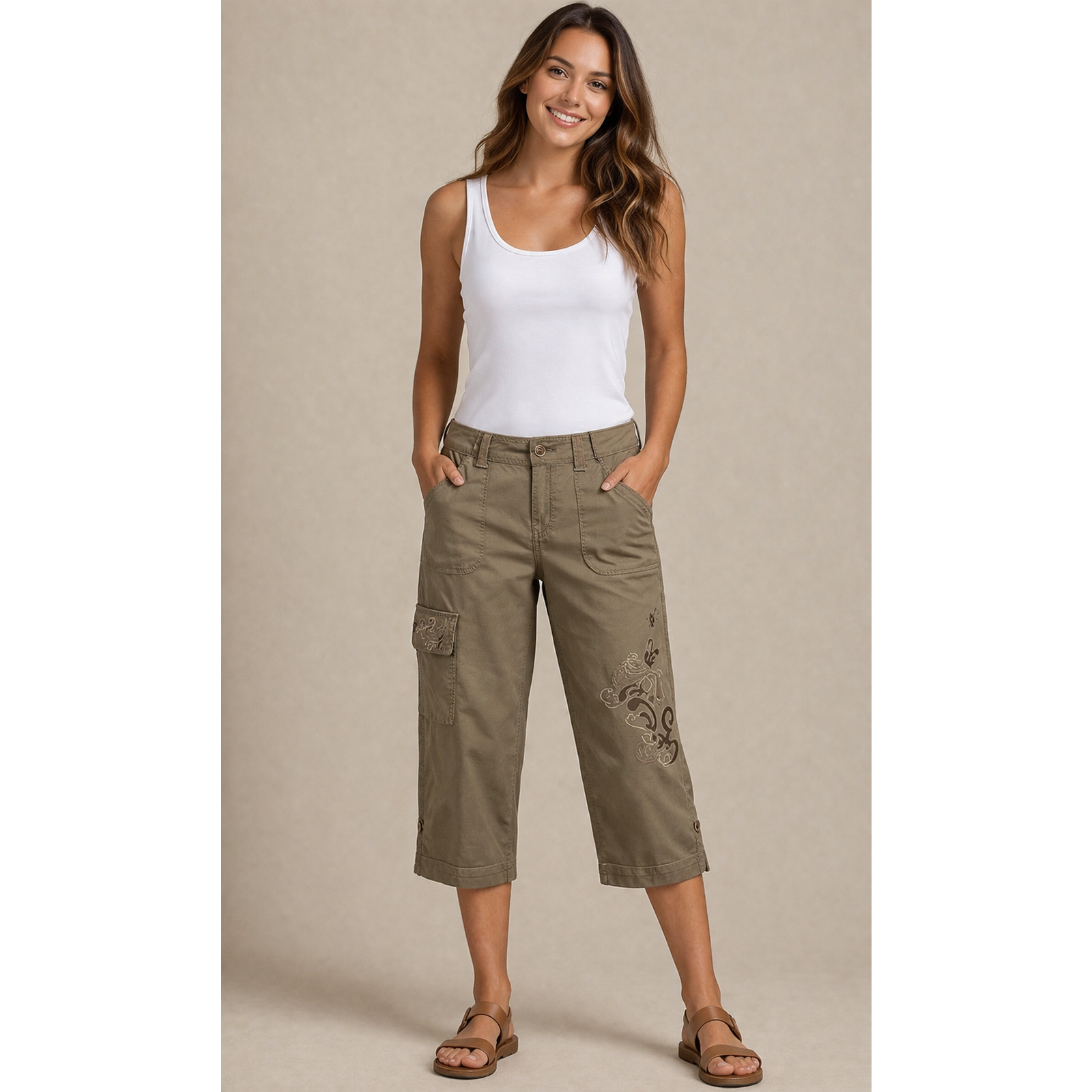 Cache Crop Cargo Pant Rhinestone Stud Adjustable Length Embellished Nwt $98 Sz 0
